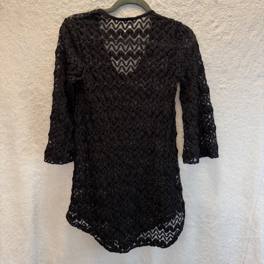 Jordan Taylor Black Crochet Lace Swim Cover Up Tunic V Neck Y2K Boho Resort S